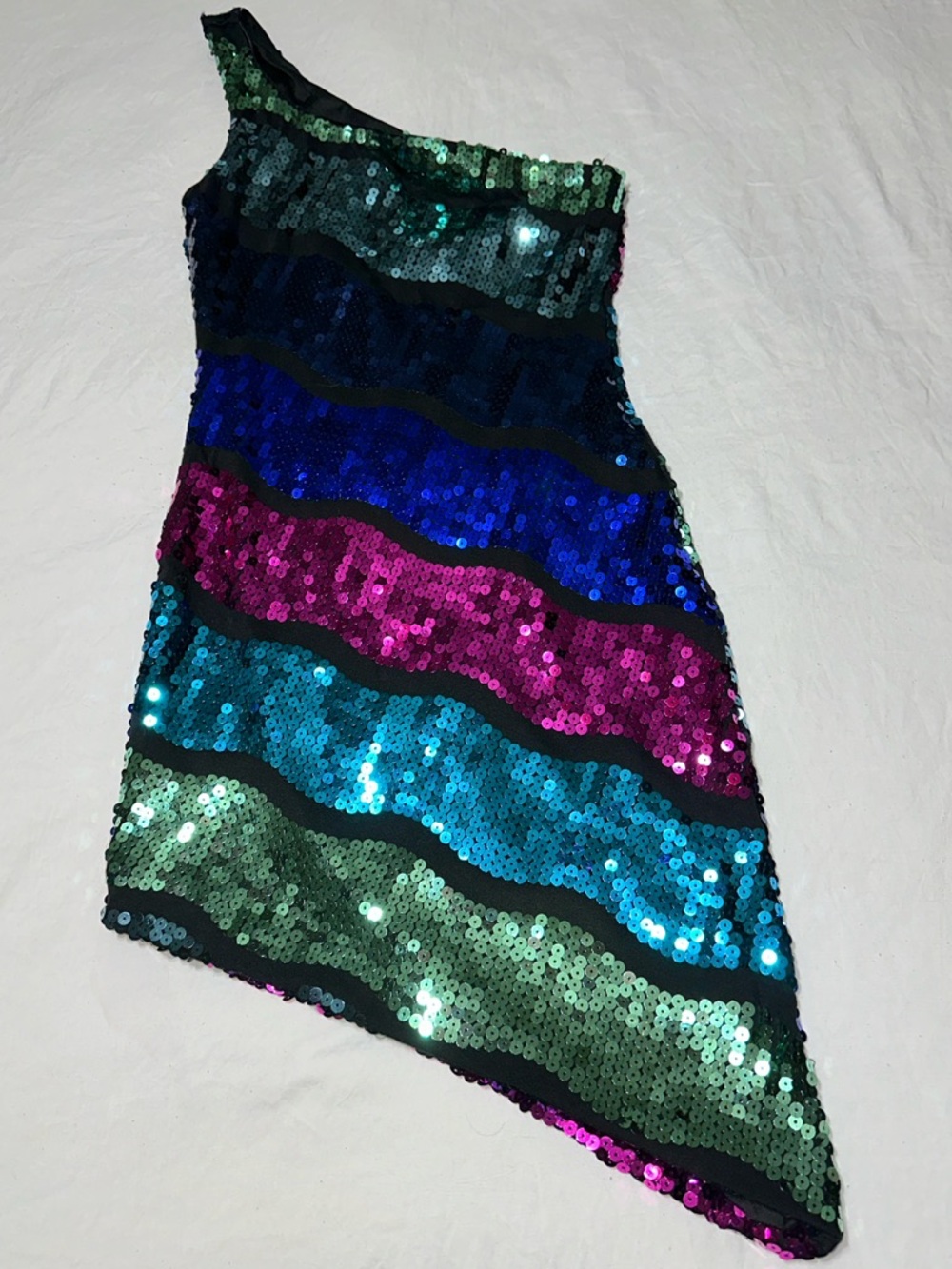Forever 21 One-Shoulder Sequin Mini Dress in Green, Teal, Blue, and Magenta